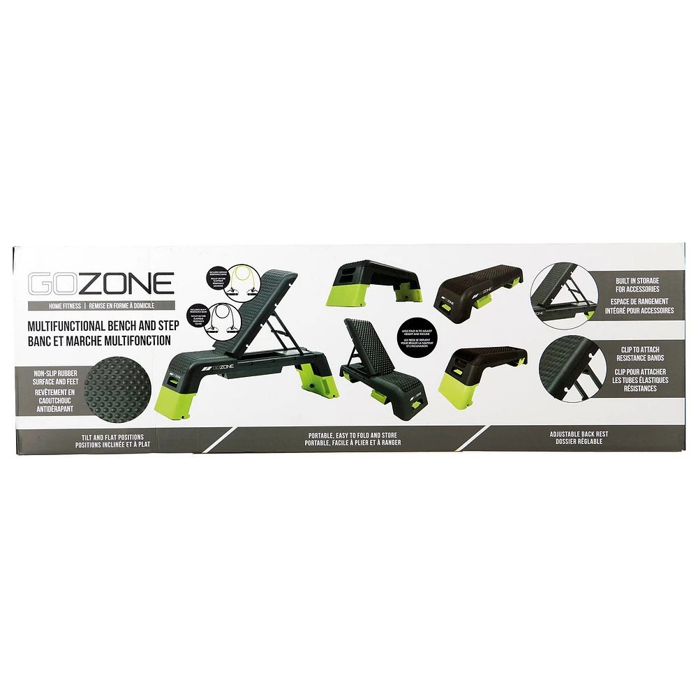 GoZone Multi-Use Adjustable Bench/Step Deck with Resistance Bands– Black/Green