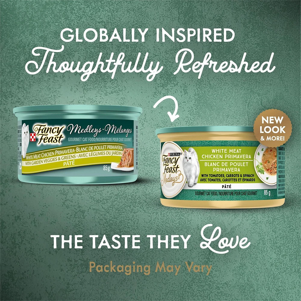 Fancy Feast Medleys White Meat Chicken Primavera Pâté, Wet Cat Food 85 g, 85 g