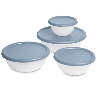 STER 8 PIECE BOWL SET-WASHED BLUE, This set includes four uniquely-sized bowls with lids that store assembled inside of each other for efficient use of space. All Sterilite bowls are BPA-free and phthalate-free.