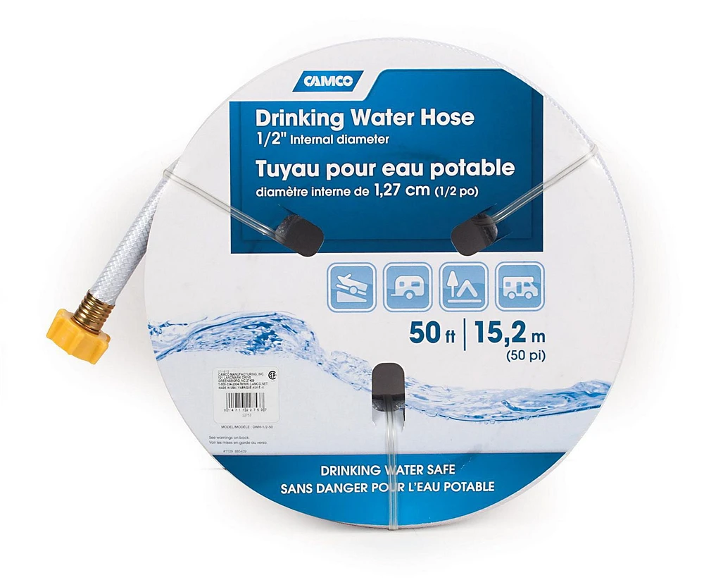 Camco Drinking Water Hose - 1/2 inch Internal diameter - 50 ft. (22750), Drinking Water Safe