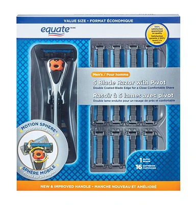 Equate 5 Blade Razor with Pivoting Head and Refills Value Pack, 1 Razor, 16 Refills