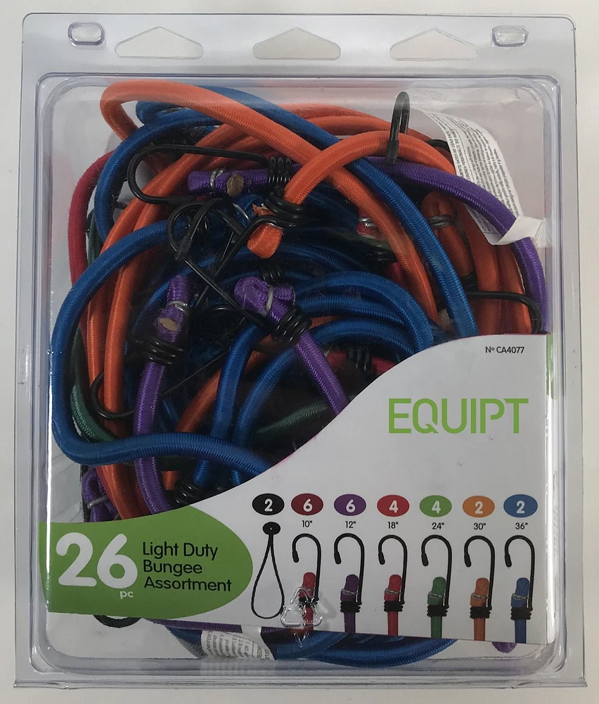 26 Pc Standard Bungee Assortment w/Wire Hooks  (6 x 10", 6 x 12", 4 x 18", 4 x 24", 2 x 30", 2 x 36", 2 Toggles), Pack of 26