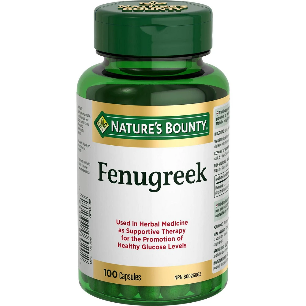NATURE'S BOUNTY Fenugrec, 610 mg, utilisé en phytothérapie comme traitement de soutien à une glycémie saine et pour favoriser la production de lait, 100 capsules 100 paquet 100 gélules