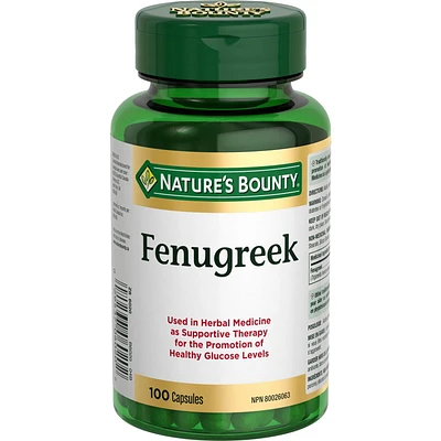NATURE'S BOUNTY Fenugrec, 610 mg, utilisé en phytothérapie comme traitement de soutien à une glycémie saine et pour favoriser la production de lait, 100 capsules 100 paquet 100 gélules