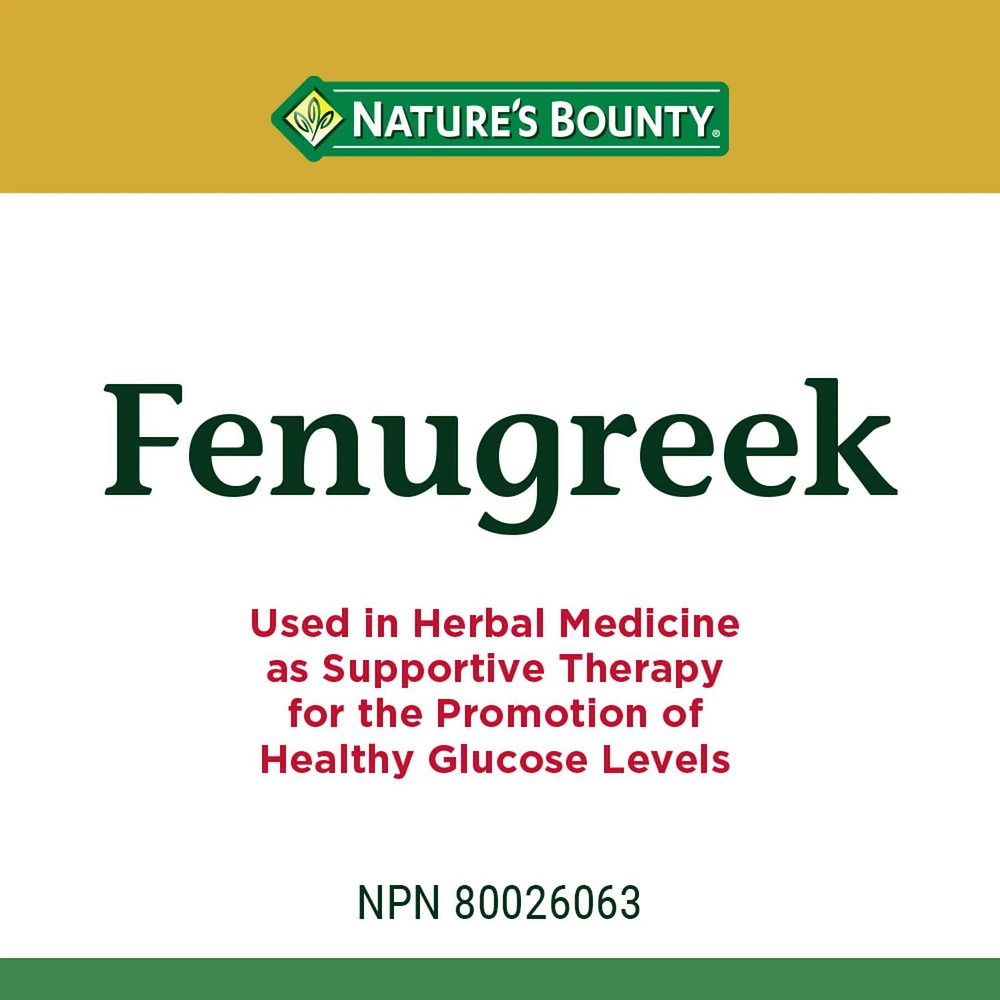 NATURE'S BOUNTY Fenugrec, 610 mg, utilisé en phytothérapie comme traitement de soutien à une glycémie saine et pour favoriser la production de lait, 100 capsules 100 paquet 100 gélules
