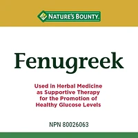 NATURE'S BOUNTY Fenugrec, 610 mg, utilisé en phytothérapie comme traitement de soutien à une glycémie saine et pour favoriser la production de lait, 100 capsules 100 paquet 100 gélules