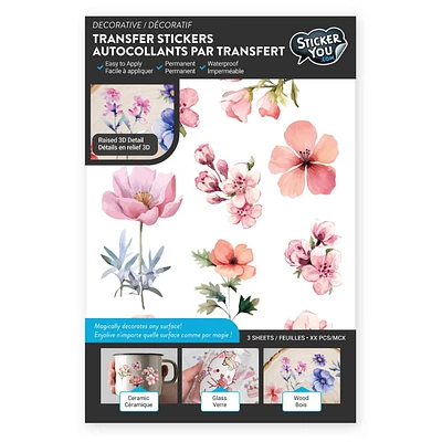 StickerYou Floral Decorative Transfer Stickers, 6.25" x 10" / 3 pages / 45 pcs