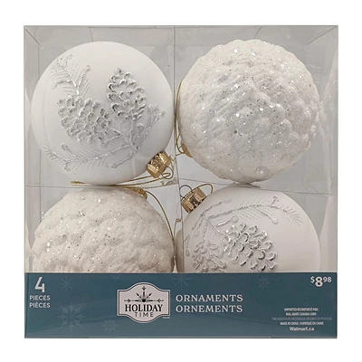 Holiday Time 4Pieces Decoration Balls Plastic Christmas Ornaments  White