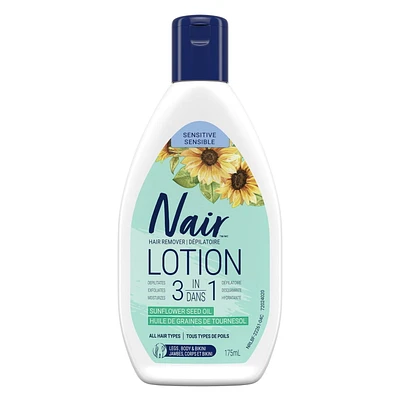 Nair 3-In-1 Hair Removal Lotion for Sensitive Skin with Sunflower Seed Oil and Green Tea Extract, 175 mL