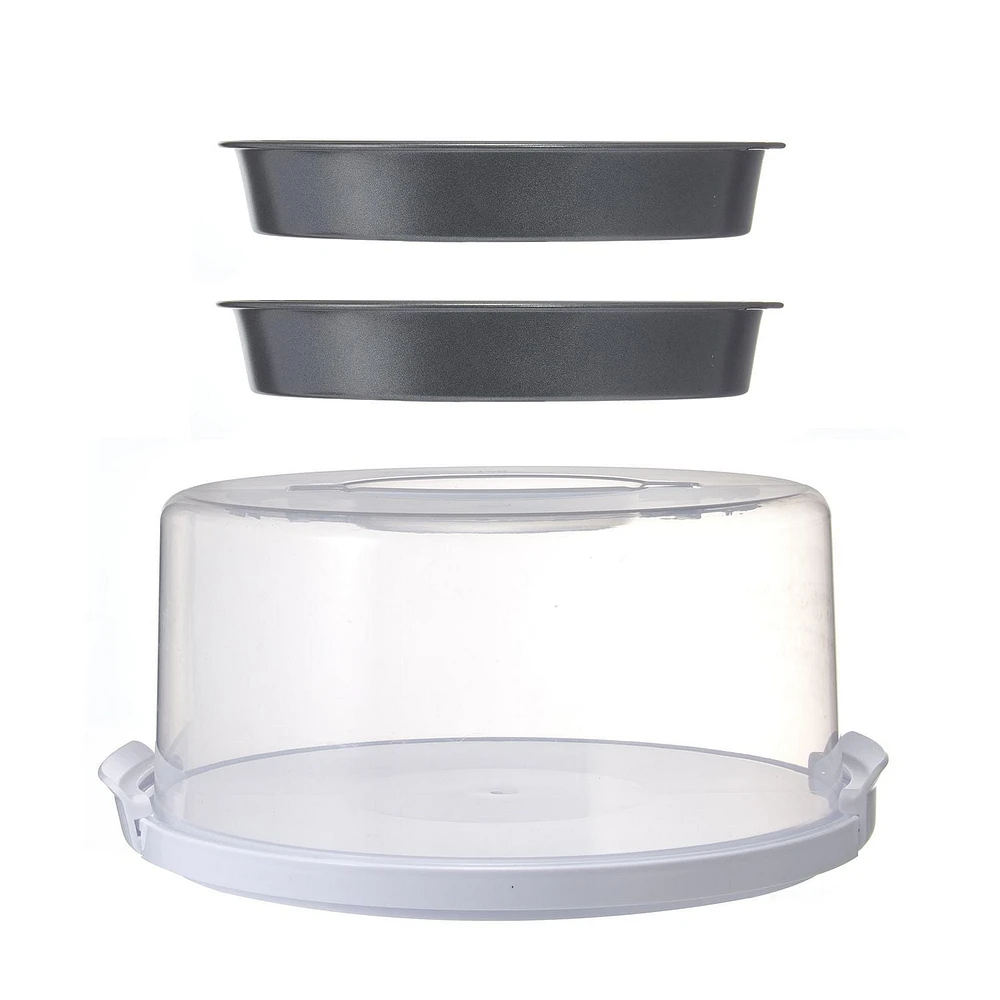 Mainstays 12 inch Clear Cake Carrier with 2pk 9 inch Gray Round Pans, Carbon Steel, MS CAKE CARRIER WITH 2 PAN