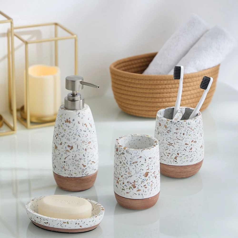 hometrends Tan Terrazzo Toothbrush Holder, sandstone terrazzo toothbrush holder holds toothbrushes and toothpaste, Sandstone terrazzo