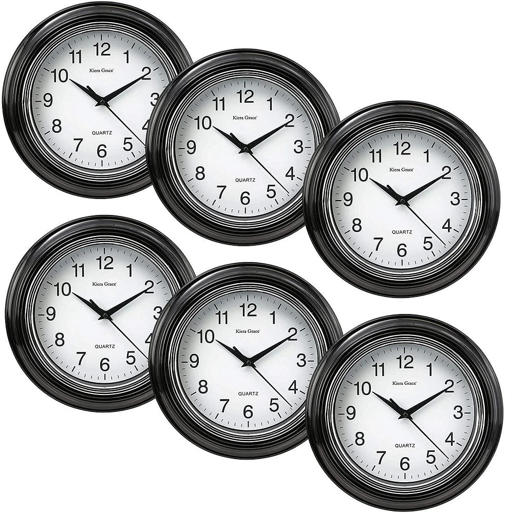 KG Aster Round Wall Clock - 10", 1.5" Deep, Black, Set of 6