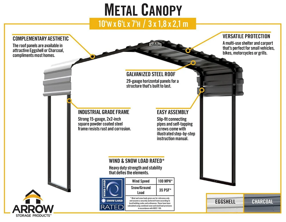 Arrow Metal Canopy 12 x 6 x 7 ft. Charcoal