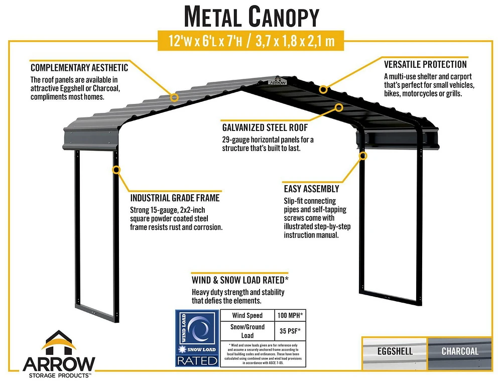 Arrow Metal Canopy 12 x 6 x 7 ft. Eggshell