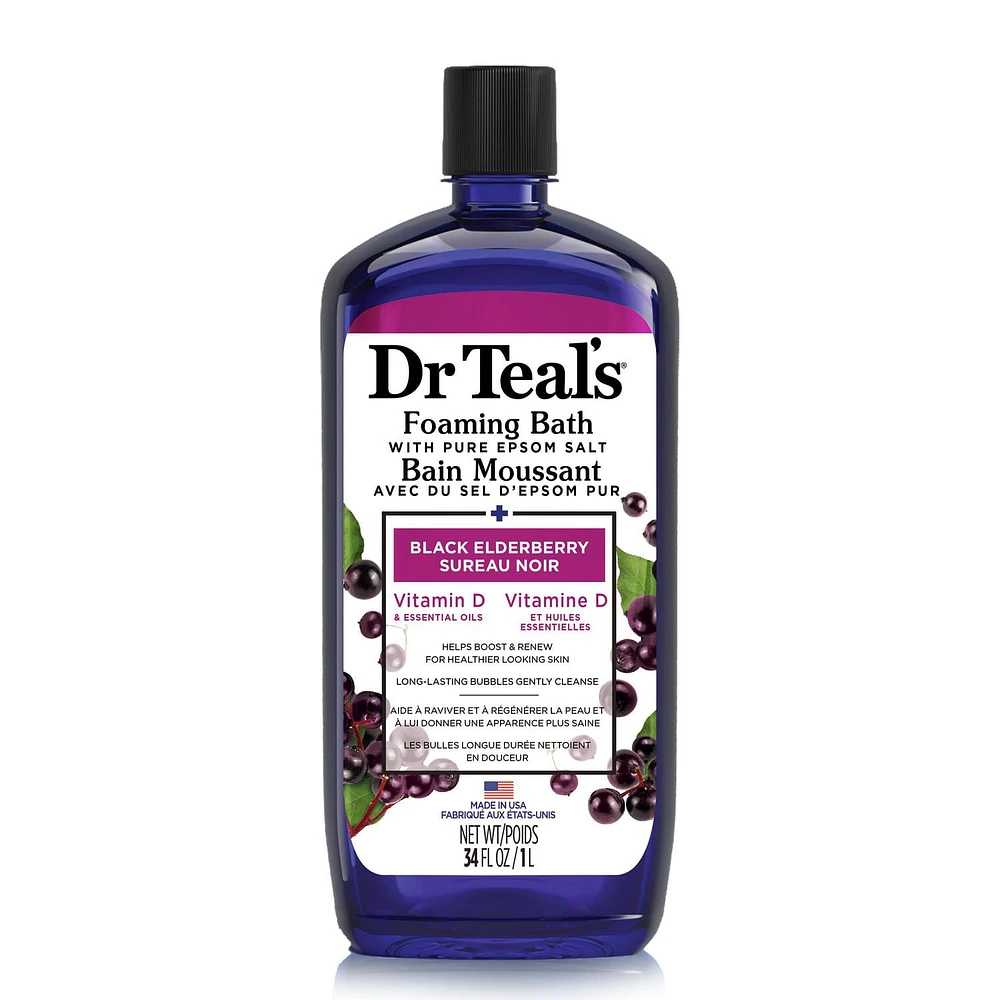 Dr Teal's Foaming Bath with Pure Epsom Salt, Black Elderberry with Vitamin D and Essential Oils (Packaging May Vary), 34 fl oz / 1L