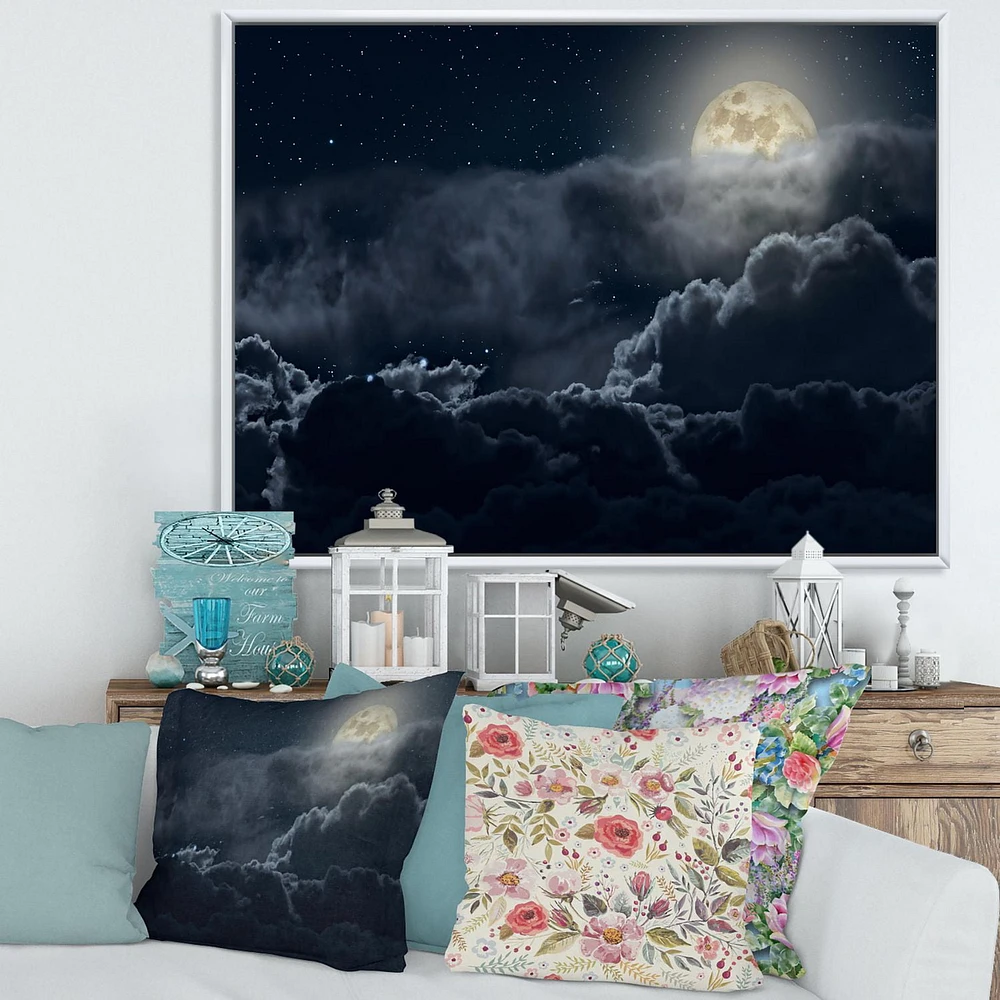 Designart Cloudy Full Moon Night FLOAT FRAME WALL ART