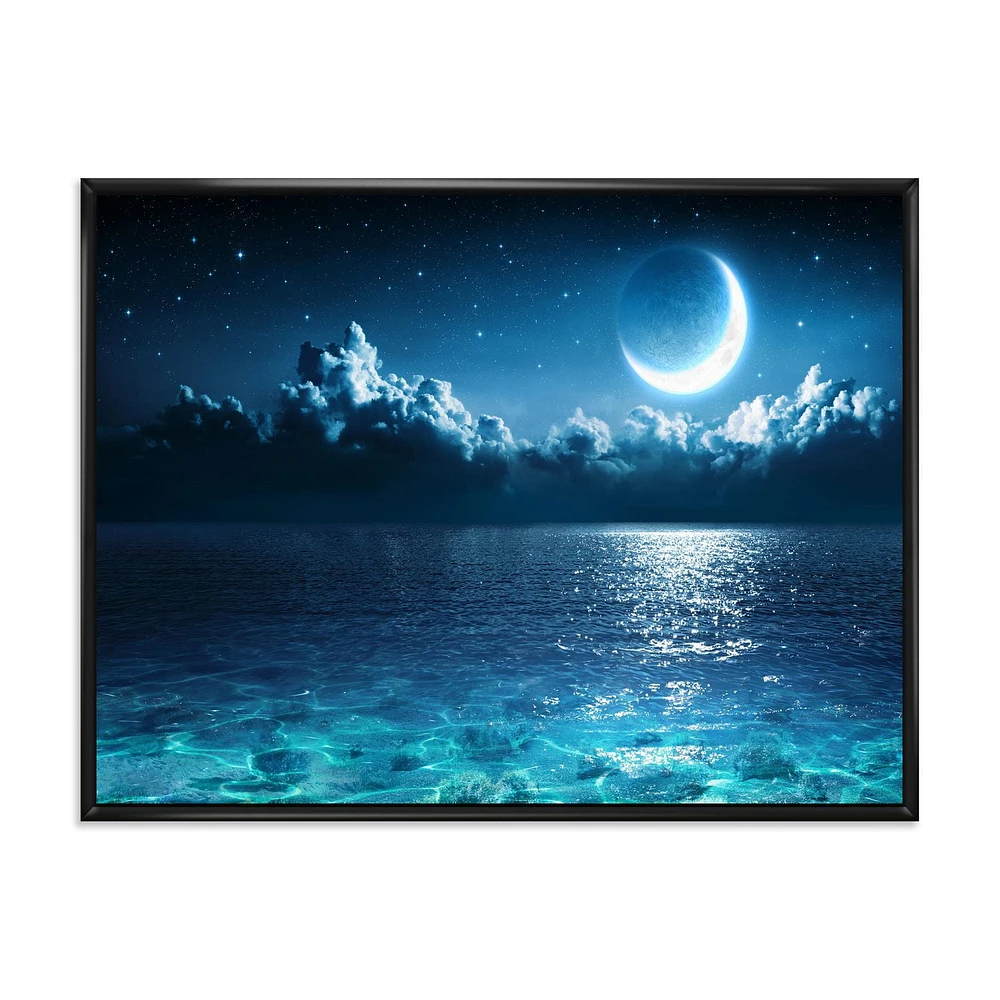 Designart Romantic Moon Over Deep Blue Sea I FLOAT FRAME WALL ART