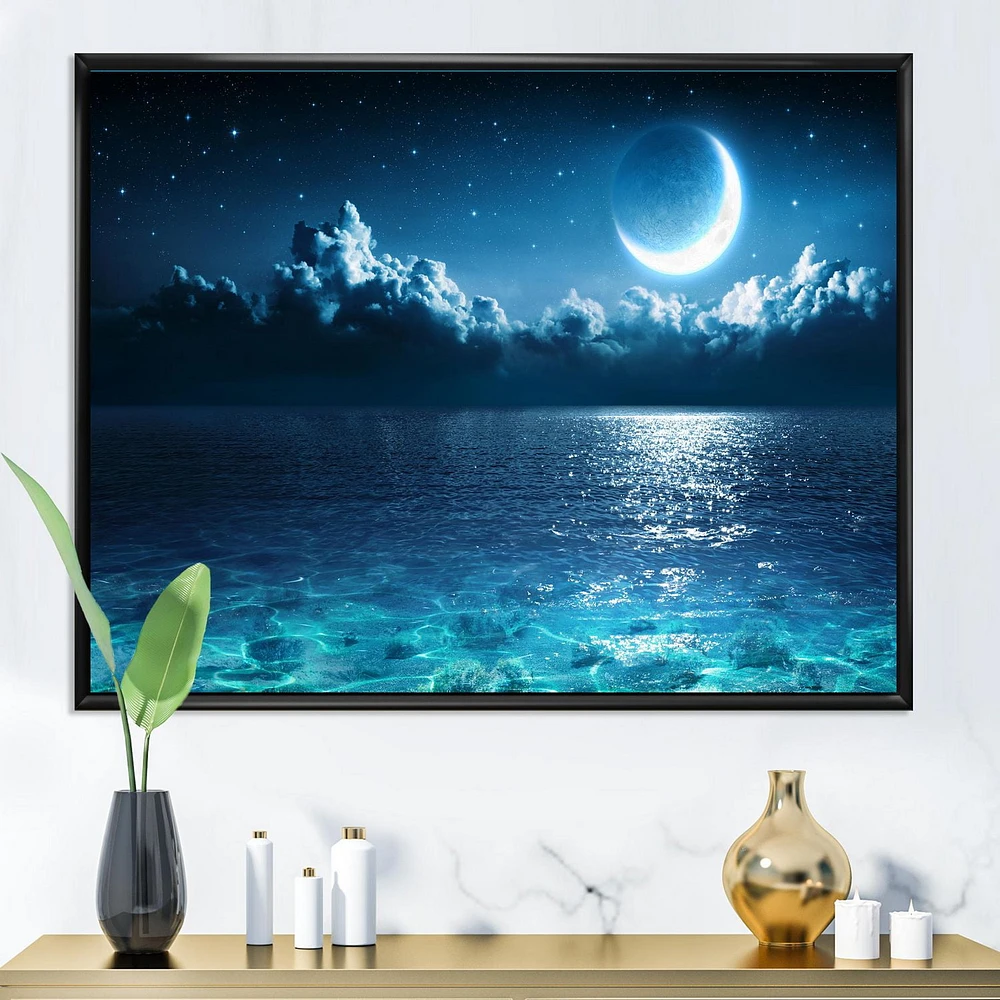 Designart Romantic Moon Over Deep Blue Sea I FLOAT FRAME WALL ART