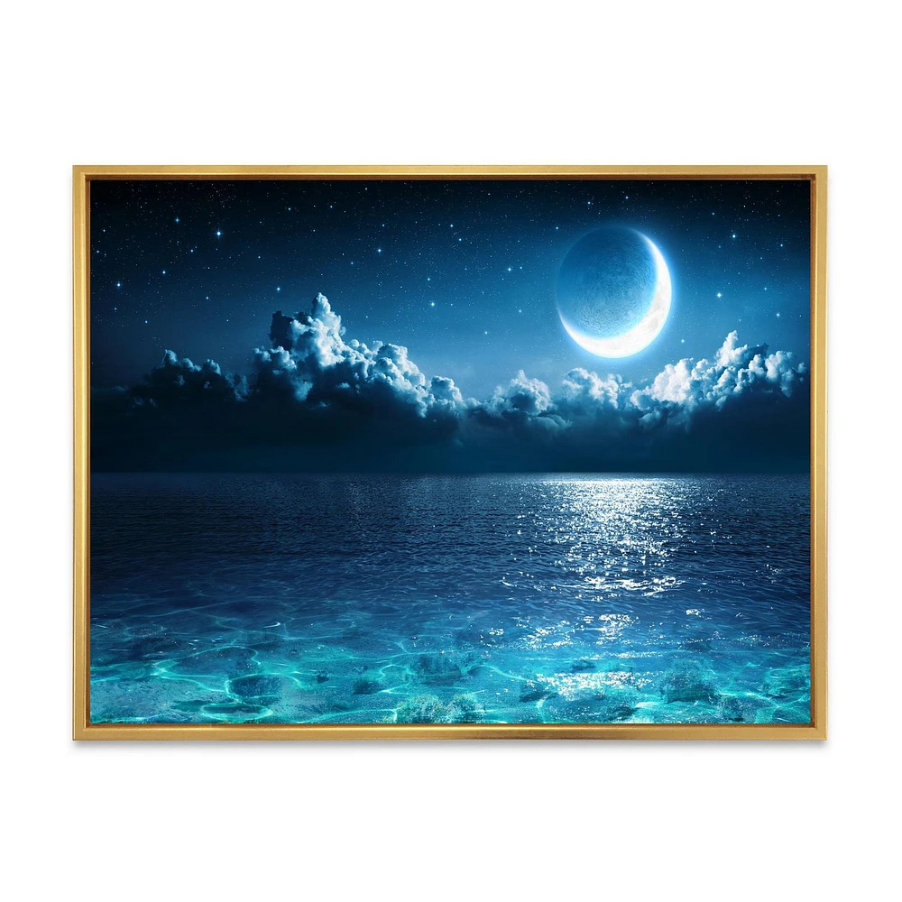 Designart Romantic Moon Over Deep Blue Sea I FLOAT FRAME WALL ART