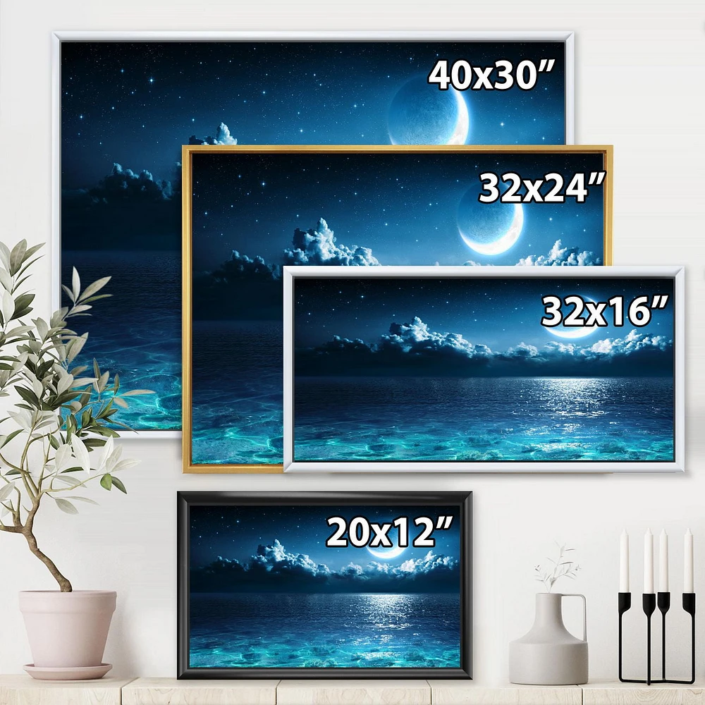 Designart Romantic Moon Over Deep Blue Sea I FLOAT FRAME WALL ART