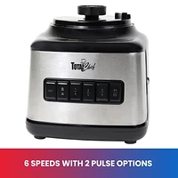 Total Chef 6-Speed Countertop Blender, 6 Cup (1.5L) Glass Jar, 2 Pulse Options, 500 W, Stainless Steel Blades, Auto-Clean Function, Puree, Crush, Blend For Smoothies, Shakes, Dips, Black and Silver