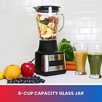 Total Chef 6-Speed Countertop Blender, 6 Cup (1.5L) Glass Jar, 2 Pulse Options, 500 W, Stainless Steel Blades, Auto-Clean Function, Puree, Crush, Blend For Smoothies, Shakes, Dips, Black and Silver