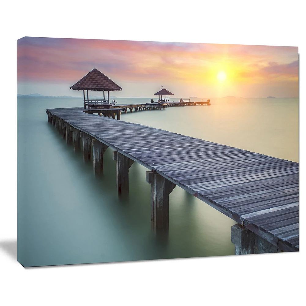 Design Art Wooden Sea Bridge And Sunset Seashore Photo Canvas Print