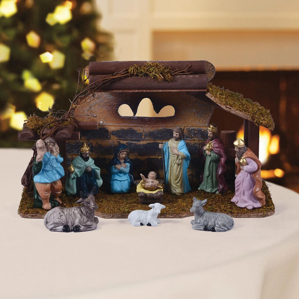 Holiday Time 12-Piece Procelain Nativity Scene with Wooden Stable Nativity Set