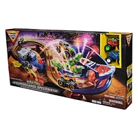 Monster Jam, Supercharge Speedway Playset, Includes Megalodon and El Toro Loco 1:64 Scale Die-Cast Monster Trucks, Light Up Monster Jam World Finals Track Kids Toys for Boys Ages 3 4 5 6+, Supercharge Speedway