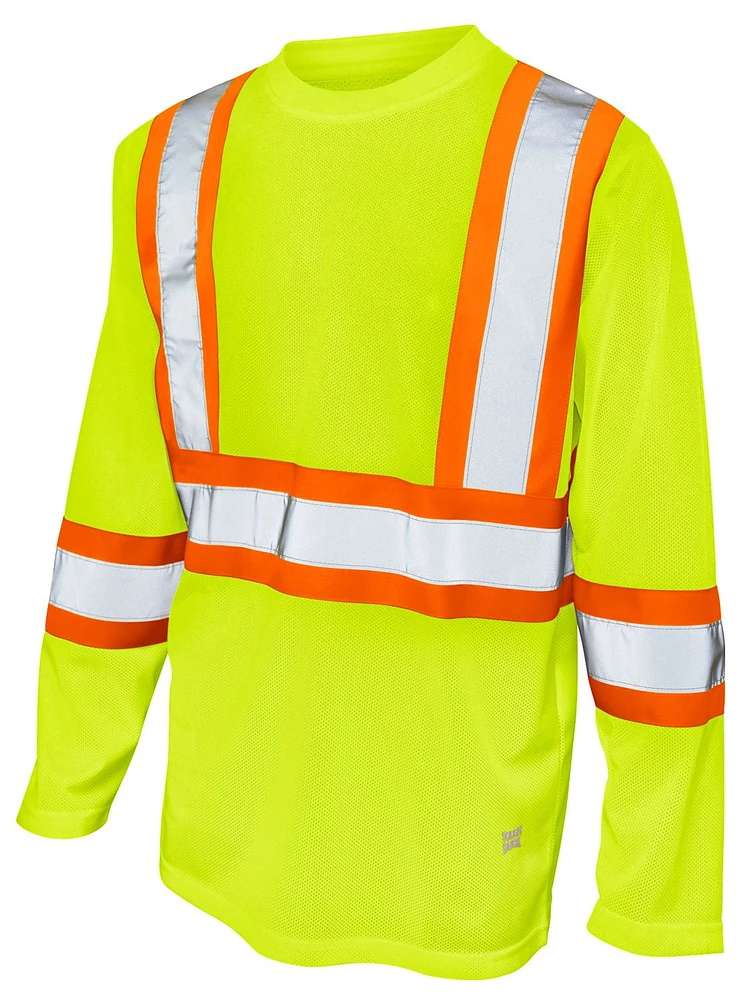 TOUGH DUCK LONG SLEEVE SAFETY T-SHIRT WITH 2" REFLECTIVE TAPE AND 4" CONTRAST BACKING.