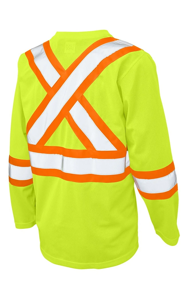 TOUGH DUCK LONG SLEEVE SAFETY T-SHIRT WITH 2" REFLECTIVE TAPE AND 4" CONTRAST BACKING.