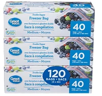Great Value Double Zipper Freezer Bag, 120 Bags 3 x 40, 178 mm x 195 mm