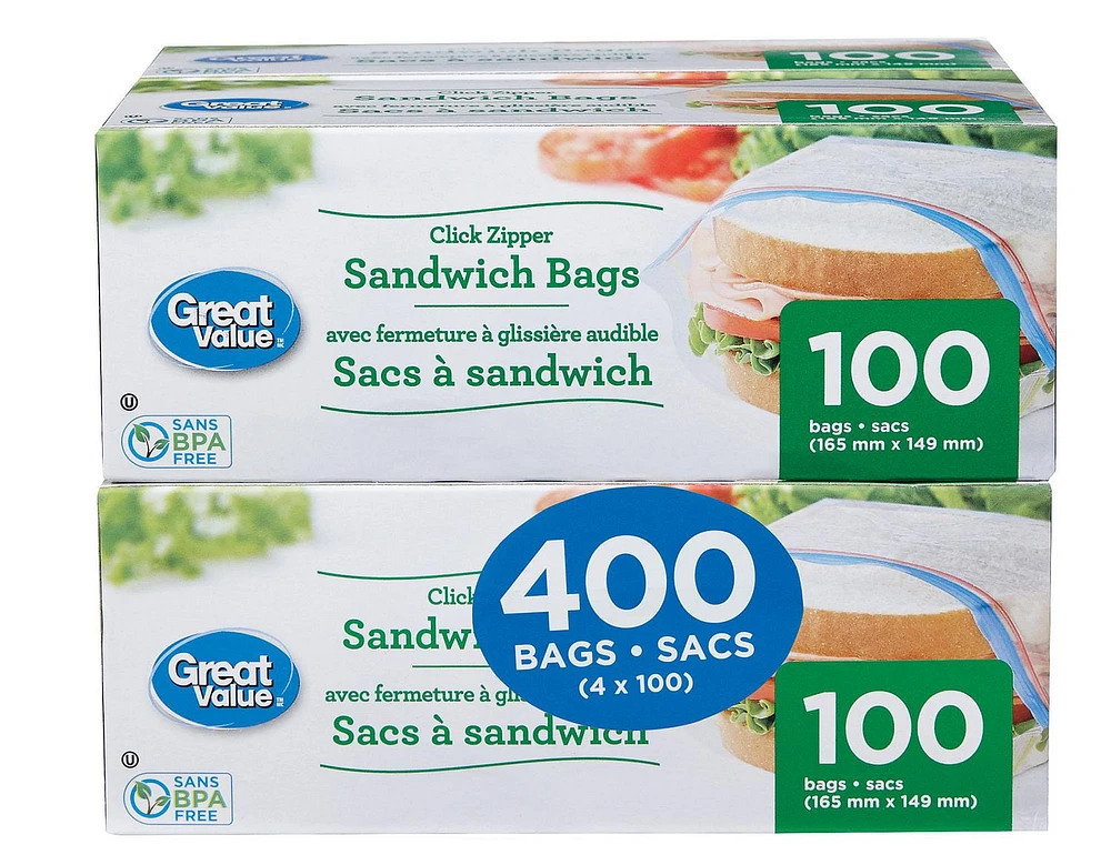 Great Value Click Zipper Sandwich Bags, 400 bags 4 x 100, 165mm x 149mm