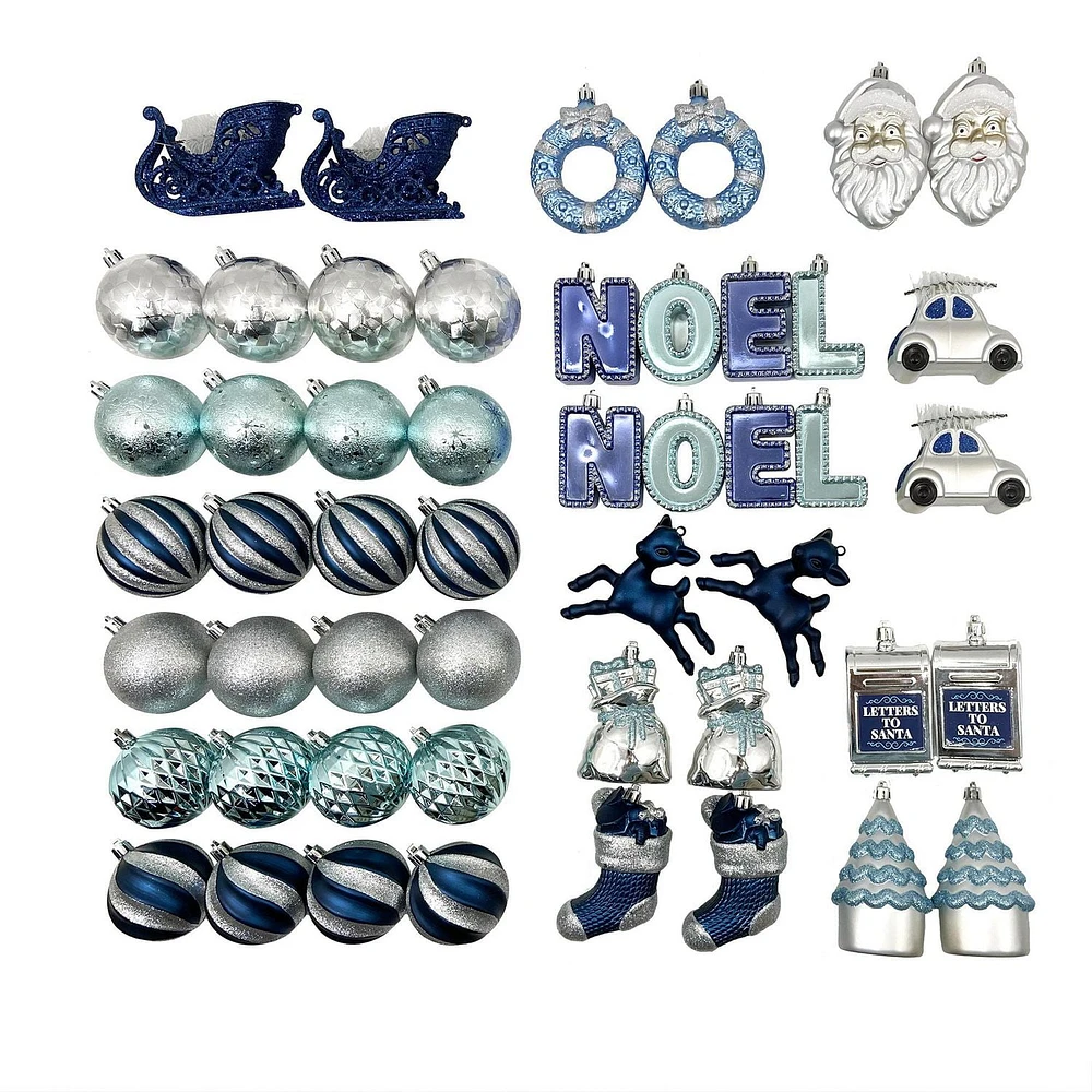 Holiday Time 50-Count Iconic Symbols of Christmas Shatterproof Christmas Ornaments, Teal/Blue/Silver