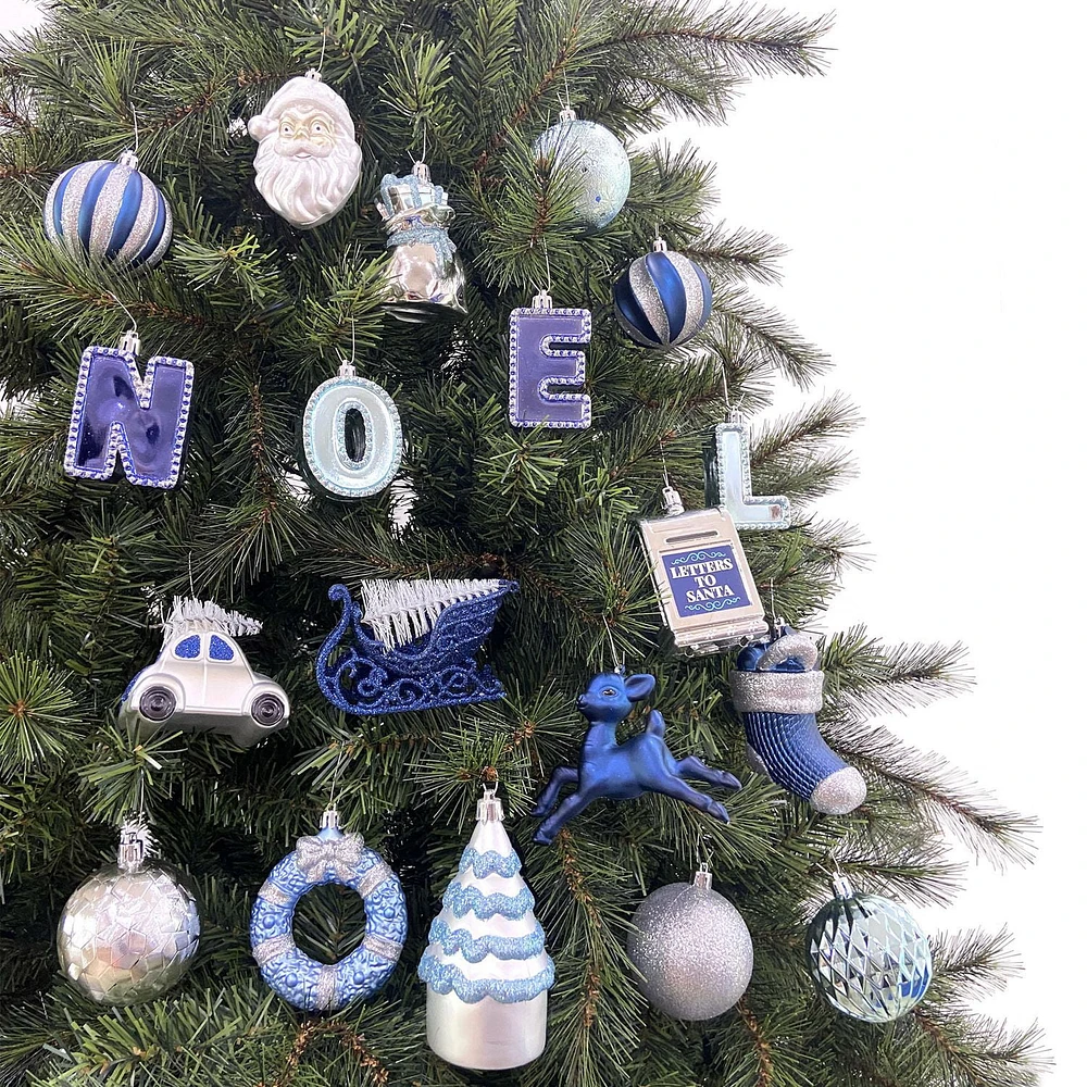 Holiday Time 50-Count Iconic Symbols of Christmas Shatterproof Christmas Ornaments, Teal/Blue/Silver