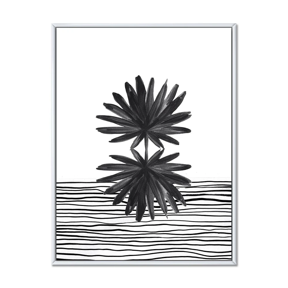 Designart Black and White Tropical Leaf On Striped II FLOAT FRAME WALL ART