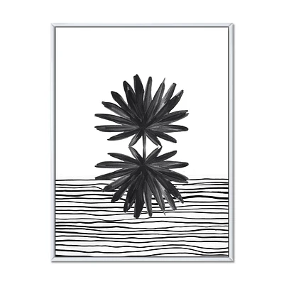 Designart Black and White Tropical Leaf On Striped II FLOAT FRAME WALL ART