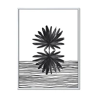 Designart Black and White Tropical Leaf On Striped II FLOAT FRAME WALL ART