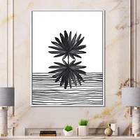 Designart Black and White Tropical Leaf On Striped II FLOAT FRAME WALL ART