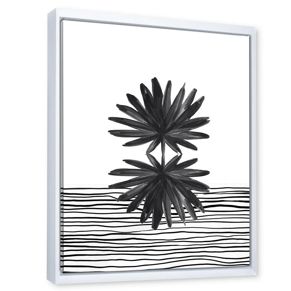 Designart Black and White Tropical Leaf On Striped II FLOAT FRAME WALL ART