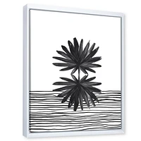 Designart Black and White Tropical Leaf On Striped II FLOAT FRAME WALL ART