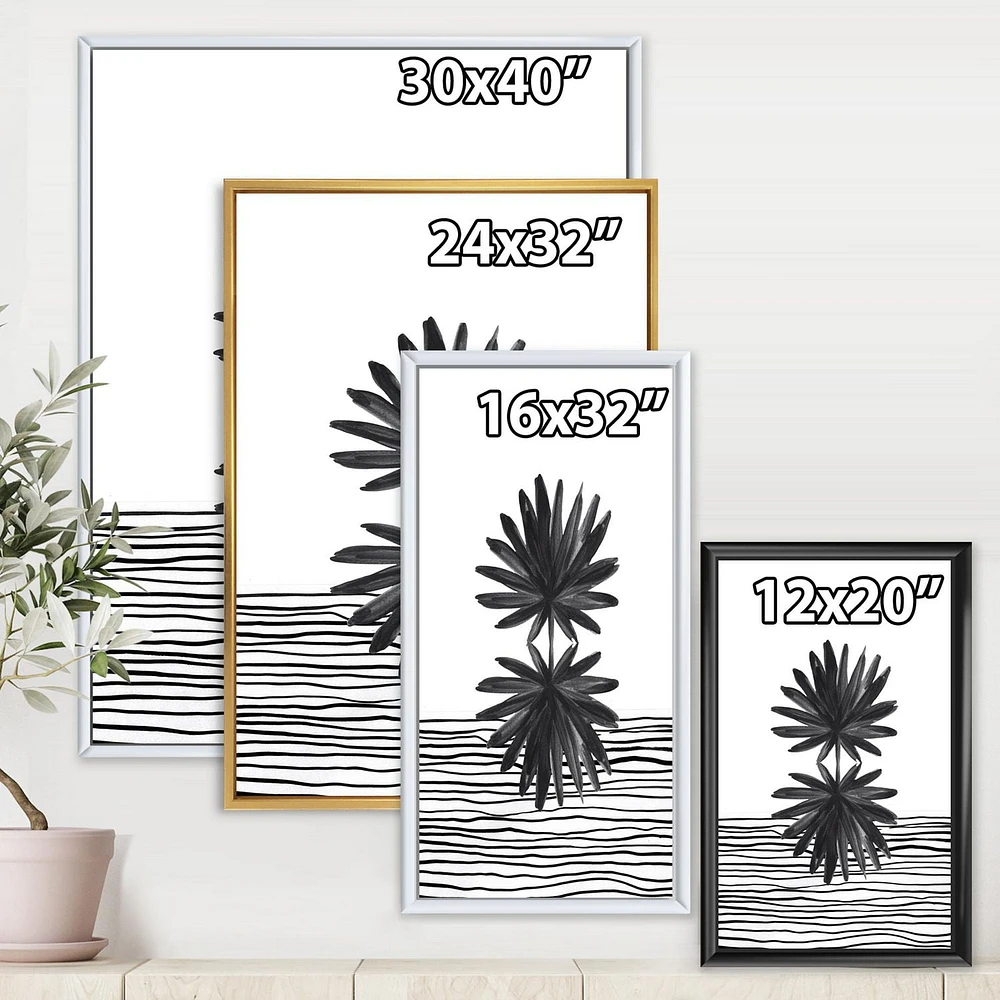 Designart Black and White Tropical Leaf On Striped II FLOAT FRAME WALL ART