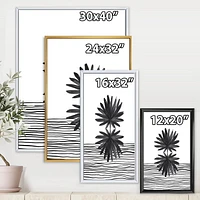 Designart Black and White Tropical Leaf On Striped II FLOAT FRAME WALL ART