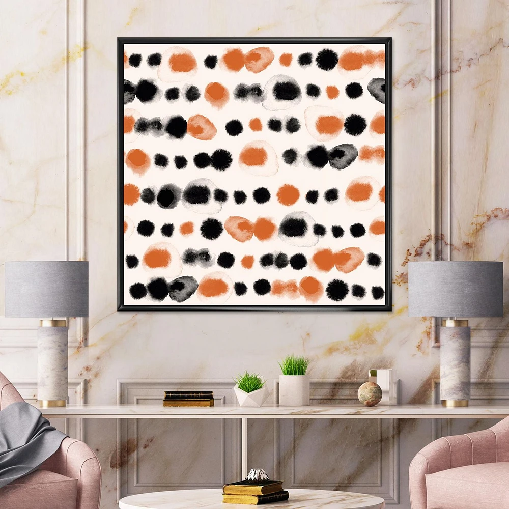 Designart Black and Orange Polka Dots FLOAT FRAME WALL ART