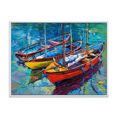 Designart Three Boats In The Harbor FLOAT FRAME WALL ART