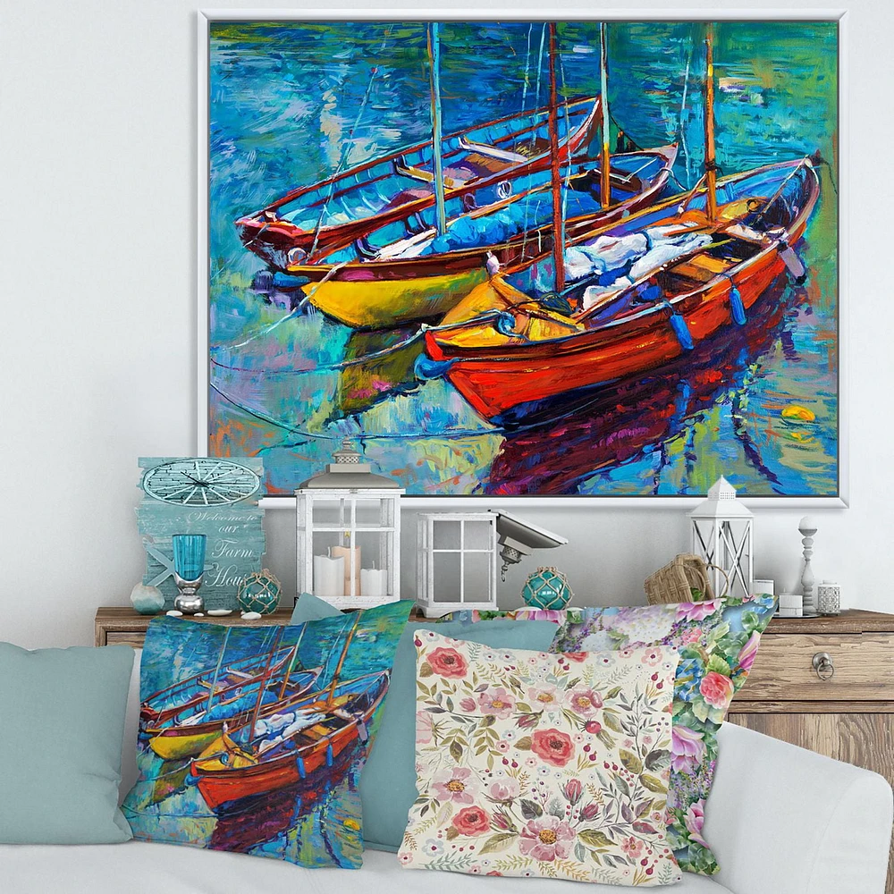 Designart Three Boats In The Harbor FLOAT FRAME WALL ART