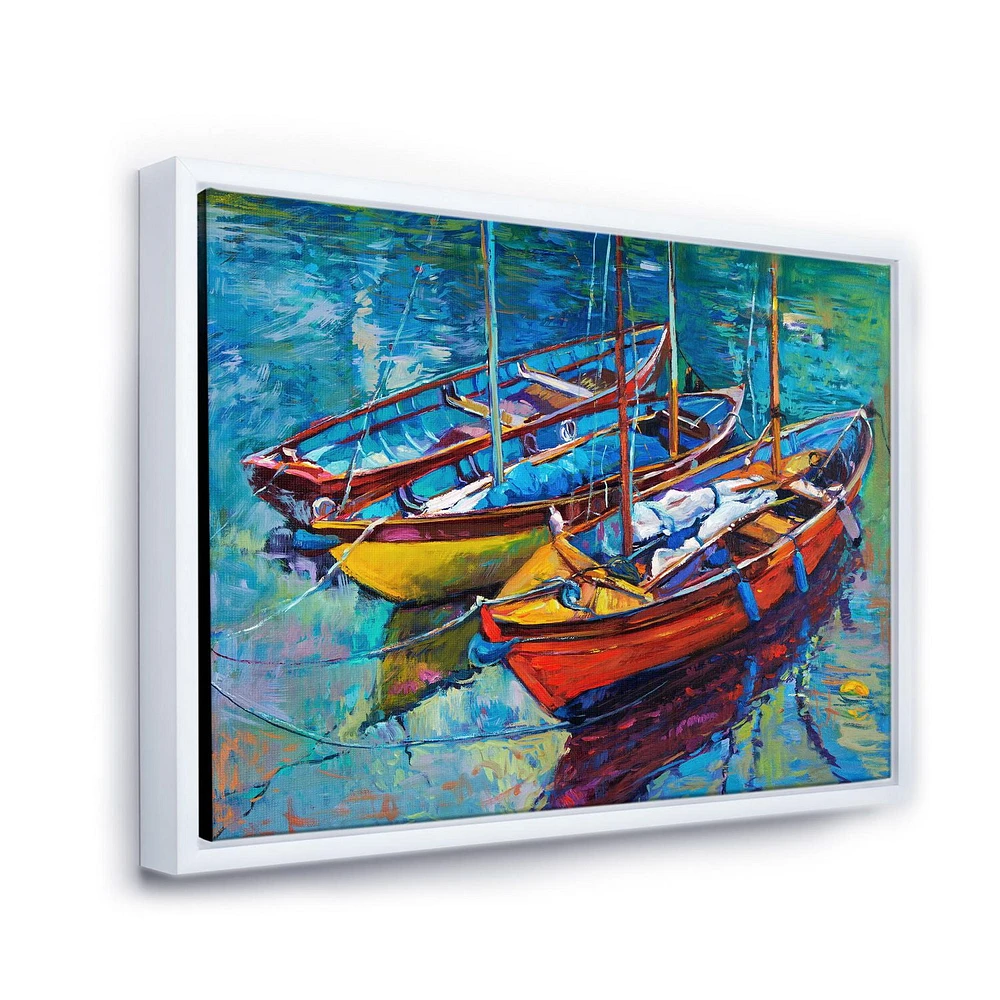 Designart Three Boats In The Harbor FLOAT FRAME WALL ART