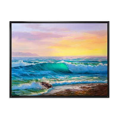 Designart Blue Waves Breaking At The Beach IV FLOAT FRAME WALL ART