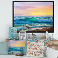 Designart Blue Waves Breaking At The Beach IV FLOAT FRAME WALL ART