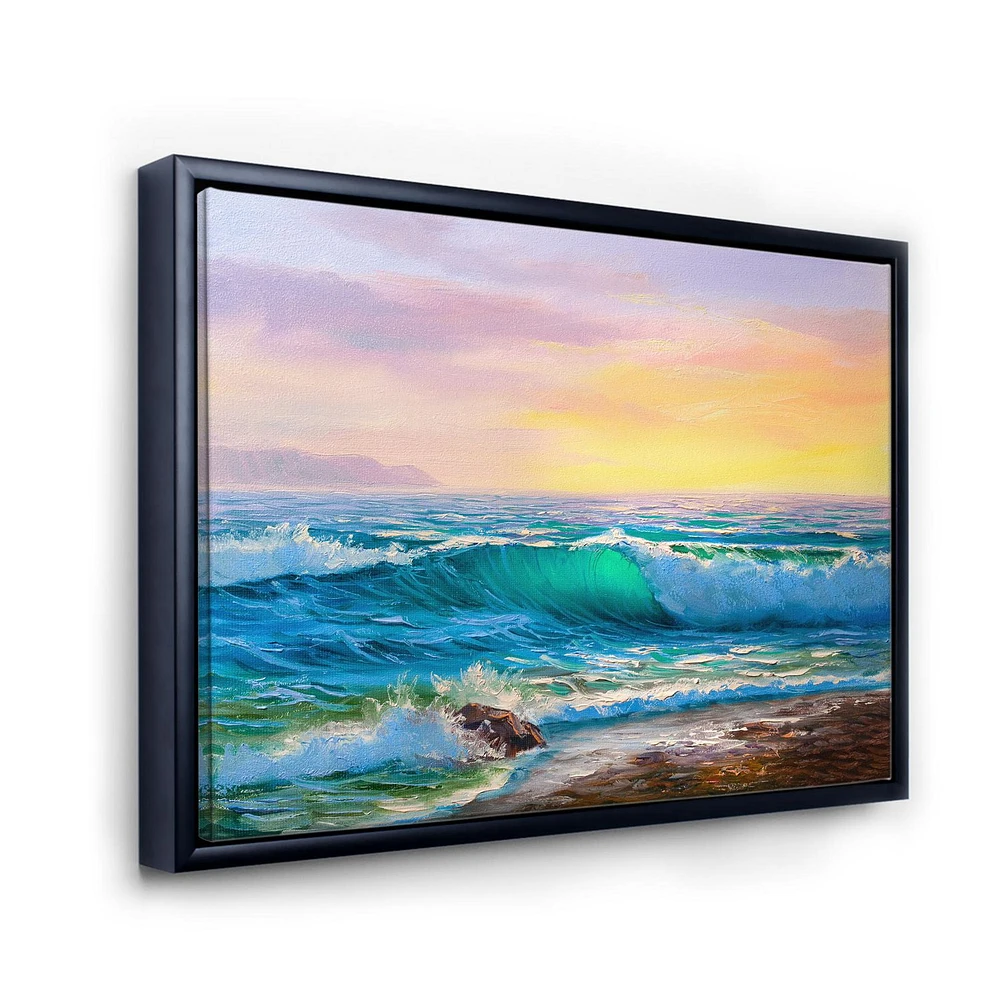 Designart Blue Waves Breaking At The Beach IV FLOAT FRAME WALL ART